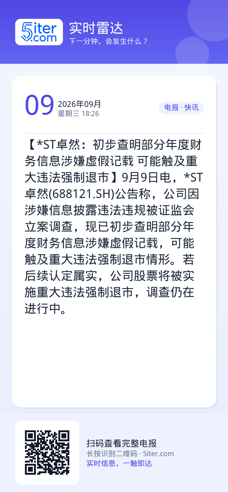 【*ST卓然：初步查明部分年度财务信息涉嫌虚假记载 可能触及重大违法强制退市】9月9日电，*ST卓然(688121.SH