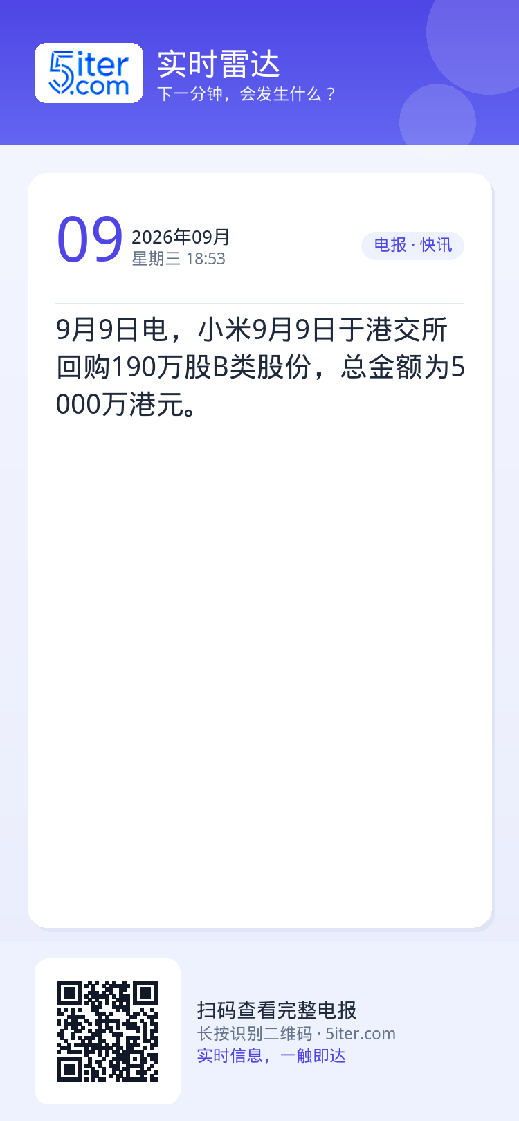 9月9日电，小米9月9日于港交所回购190万股B类股份，总金额为5000万港元。