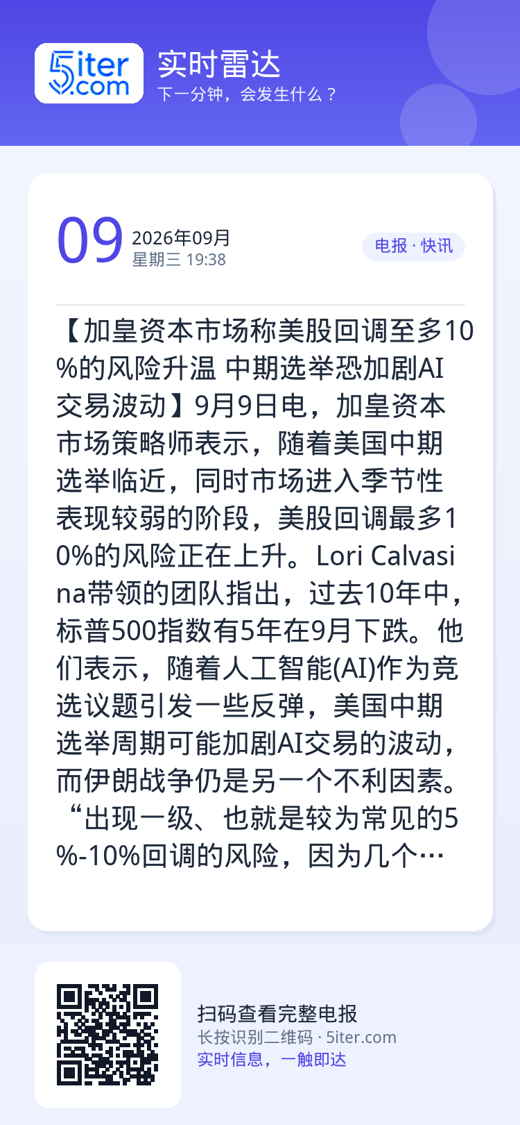 【加皇资本市场称美股回调至多10%的风险升温 中期选举恐加剧AI交易波动】9月9日电，加皇资本市场策略师表示，随着美国中