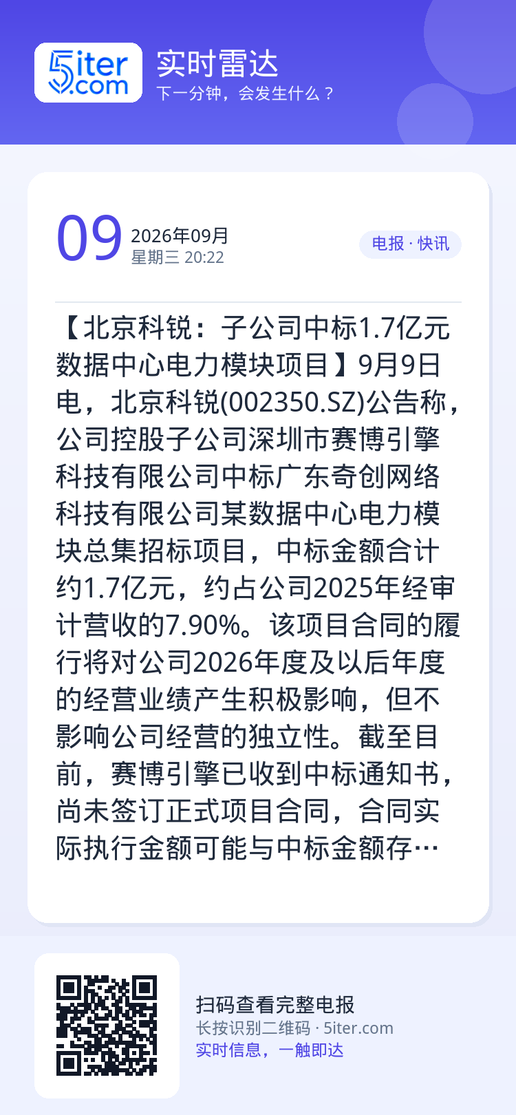【北京科锐：子公司中标1.7亿元数据中心电力模块项目】9月9日电，北京科锐(002350.SZ)公告称，公司控股子公司深