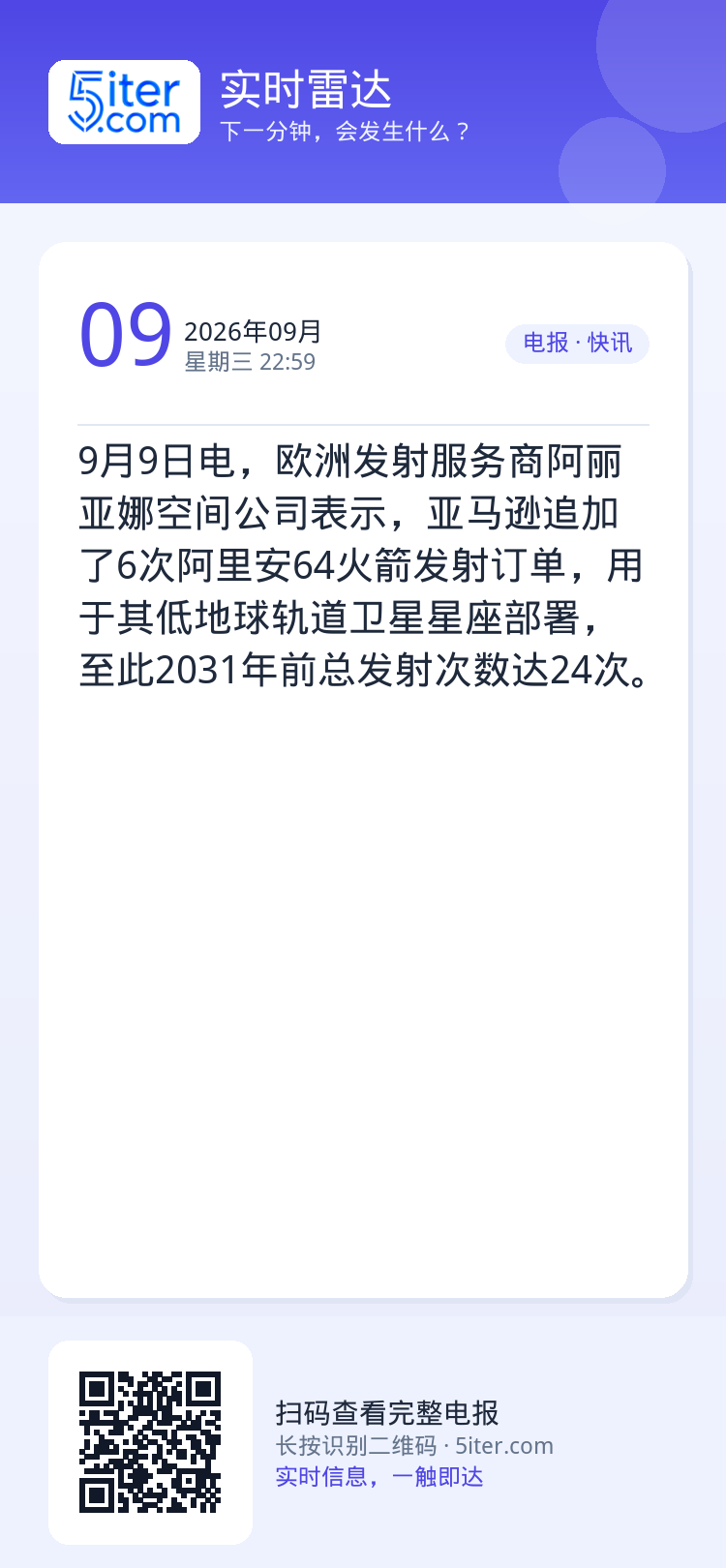 9月9日电，欧洲发射服务商阿丽亚娜空间公司表示，亚马逊追加了6次阿里安64火箭发射订单，用于其低地球轨道卫星星座部署，至