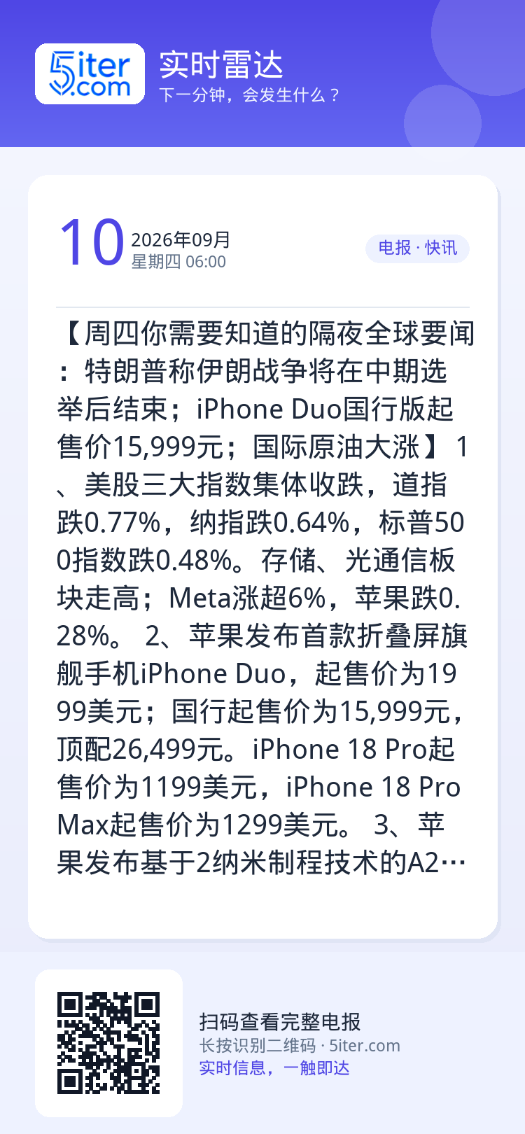【周四你需要知道的隔夜全球要闻：特朗普称伊朗战争将在中期选举后结束；iPhone Duo国行版起售价15,999元；国际