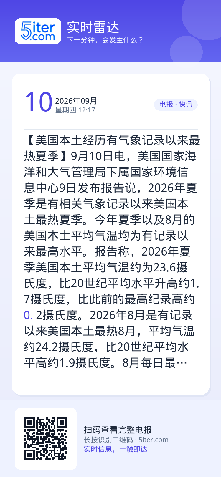 【美国本土经历有气象记录以来最热夏季】9月10日电，美国国家海洋和大气管理局下属国家环境信息中心9日发布报告说，2026