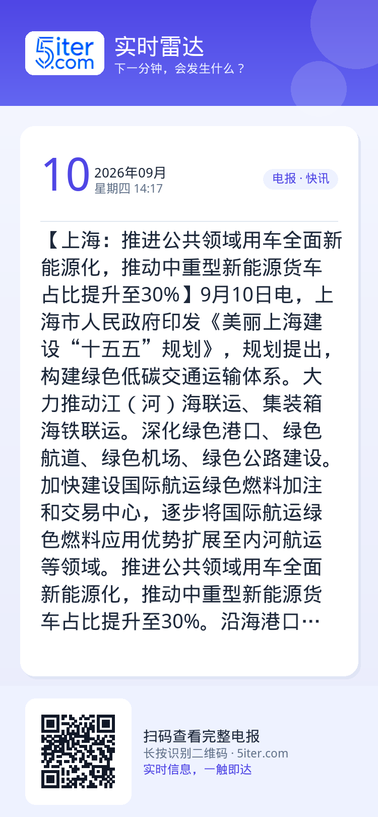 【上海：推进公共领域用车全面新能源化，推动中重型新能源货车占比提升至30%】9月10日电，上海市人民政府印发《美丽上海建