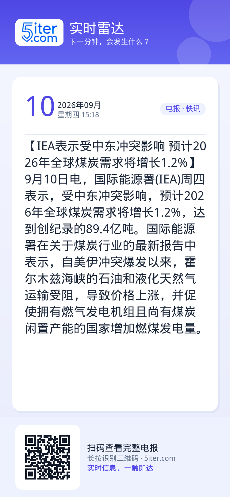 【IEA表示受中东冲突影响 预计2026年全球煤炭需求将增长1.2%】9月10日电，国际能源署(IEA)周四表示，受中东