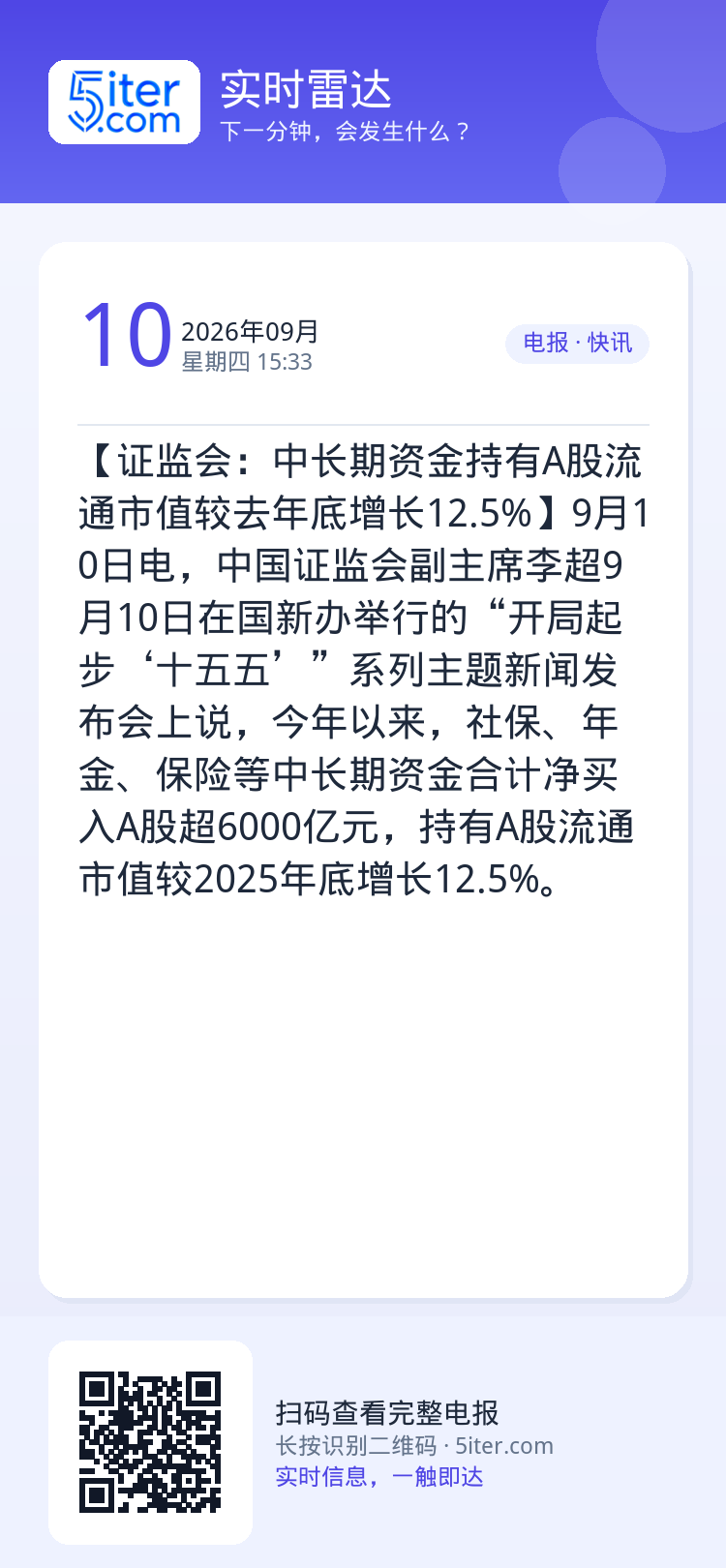 【证监会：中长期资金持有A股流通市值较去年底增长12.5%】9月10日电，中国证监会副主席李超9月10日在国新办举行的“