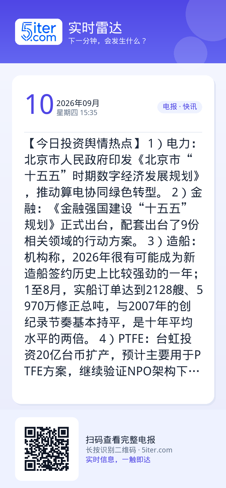 【今日投资舆情热点】
1）电力：北京市人民政府印发《北京市“十五五”时期数字经济发展规划》，推动算电协同绿色转型。
2）