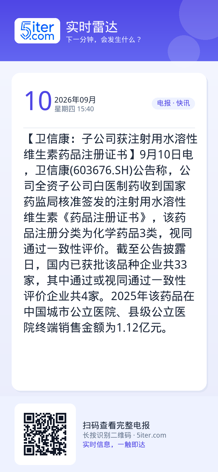 【卫信康：子公司获注射用水溶性维生素药品注册证书】9月10日电，卫信康(603676.SH)公告称，公司全资子公司白医制