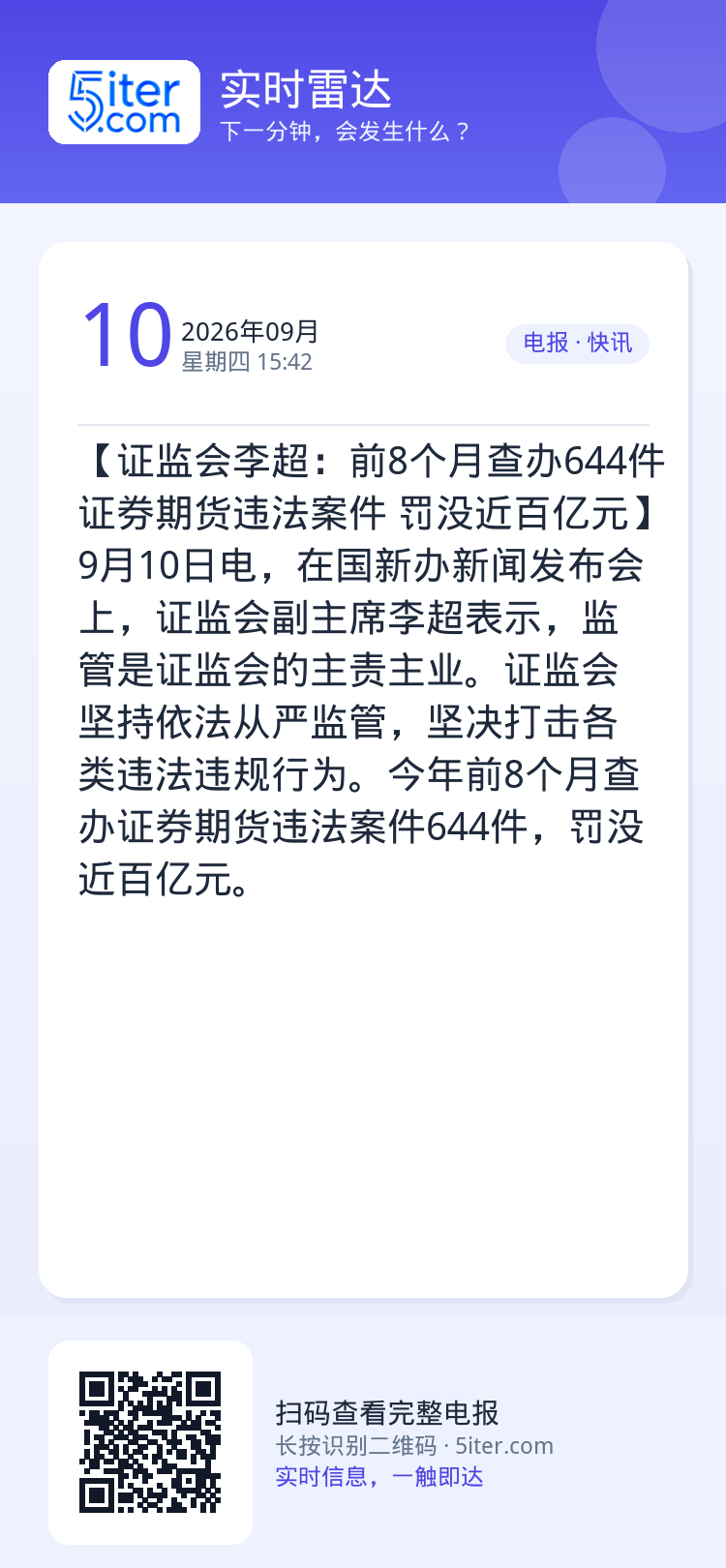 【证监会李超：前8个月查办644件证券期货违法案件 罚没近百亿元】9月10日电，在国新办新闻发布会上，证监会副主席李超表