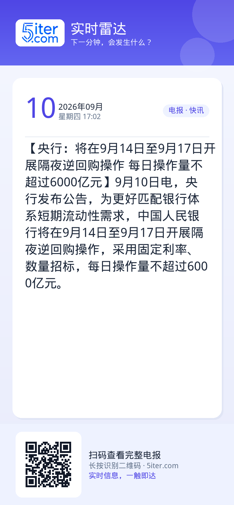 【央行：将在9月14日至9月17日开展隔夜逆回购操作 每日操作量不超过6000亿元】9月10日电，央行发布公告，为更好匹