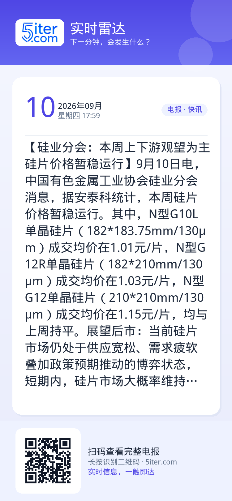 【硅业分会：本周上下游观望为主 硅片价格暂稳运行】9月10日电，中国有色金属工业协会硅业分会消息，据安泰科统计，本周硅片