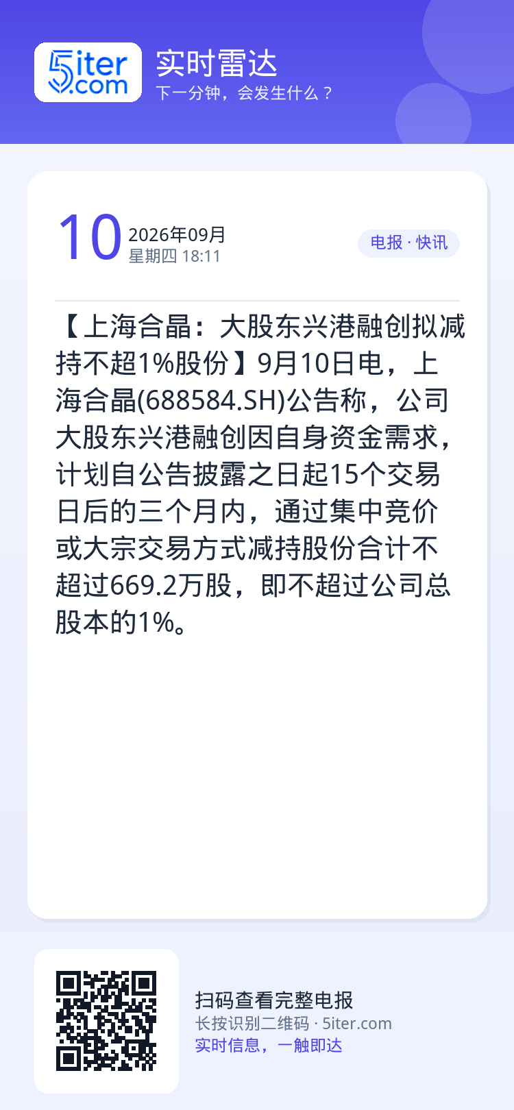 【上海合晶：大股东兴港融创拟减持不超1%股份】9月10日电，上海合晶(688584.SH)公告称，公司大股东兴港融创因自