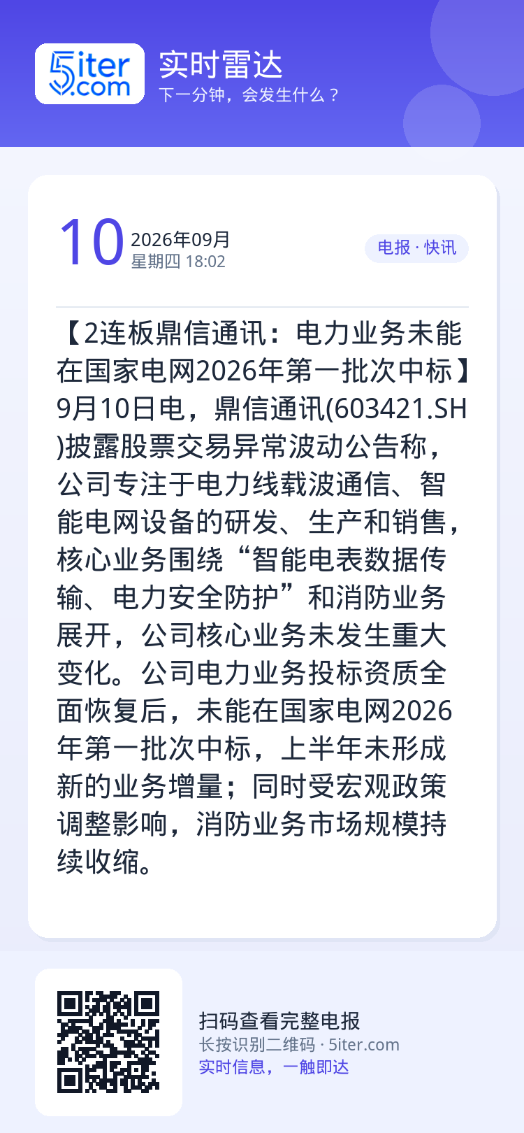 【2连板鼎信通讯：电力业务未能在国家电网2026年第一批次中标】9月10日电，鼎信通讯(603421.SH)披露股票交易