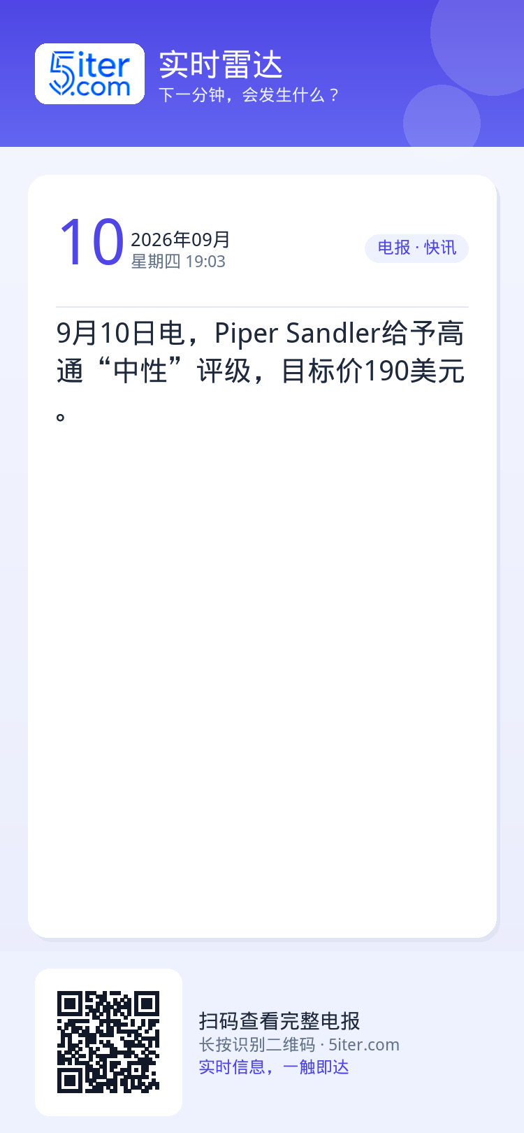 9月10日电，Piper Sandler给予高通“中性”评级，目标价190美元。