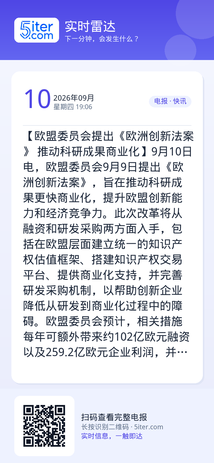 【欧盟委员会提出《欧洲创新法案》 推动科研成果商业化】9月10日电，欧盟委员会9月9日提出《欧洲创新法案》，旨在推动科研