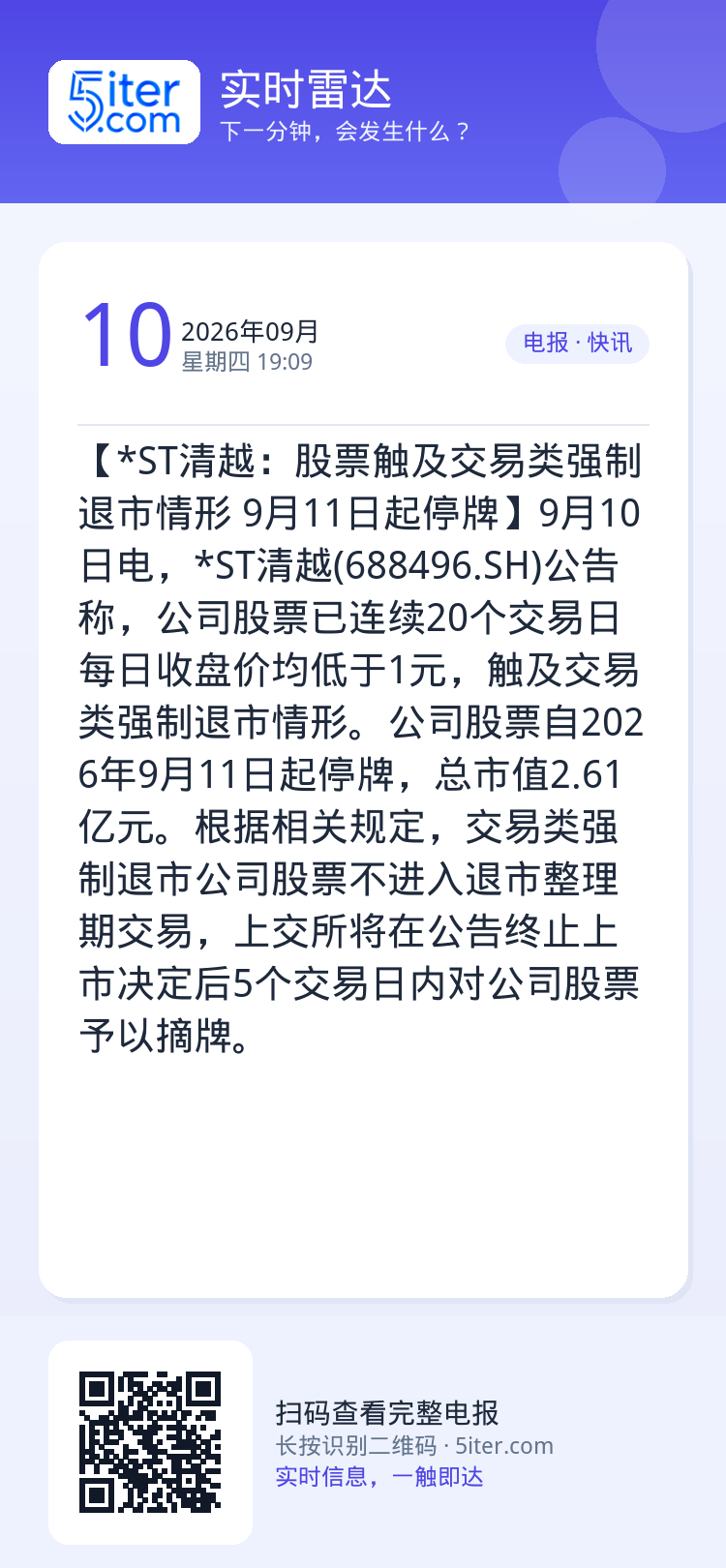 【*ST清越：股票触及交易类强制退市情形 9月11日起停牌】9月10日电，*ST清越(688496.SH)公告称，公司股