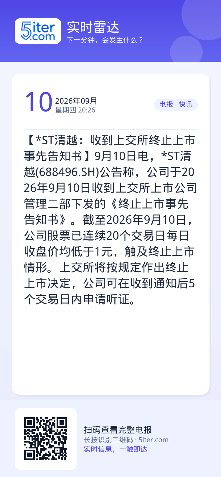 【*ST清越：收到上交所终止上市事先告知书】9月10日电，*ST清越(688496.SH)公告称，公司于2026年9月1