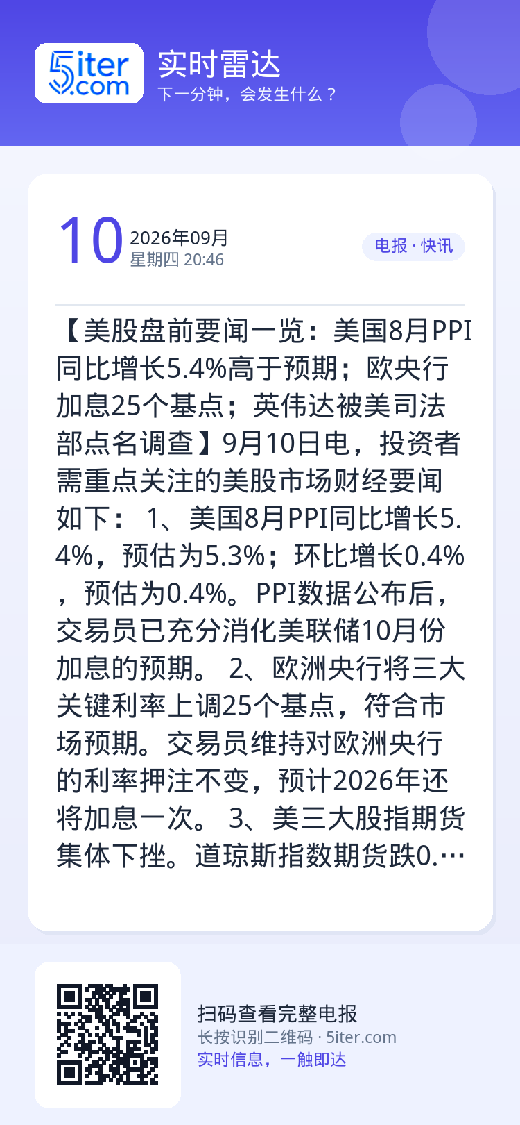 【美股盘前要闻一览：美国8月PPI同比增长5.4%高于预期；欧央行加息25个基点；英伟达被美司法部点名调查】9月10日电