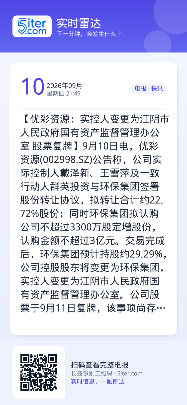 【优彩资源：实控人变更为江阴市人民政府国有资产监督管理办公室 股票复牌】9月10日电，优彩资源(002998.SZ)公告