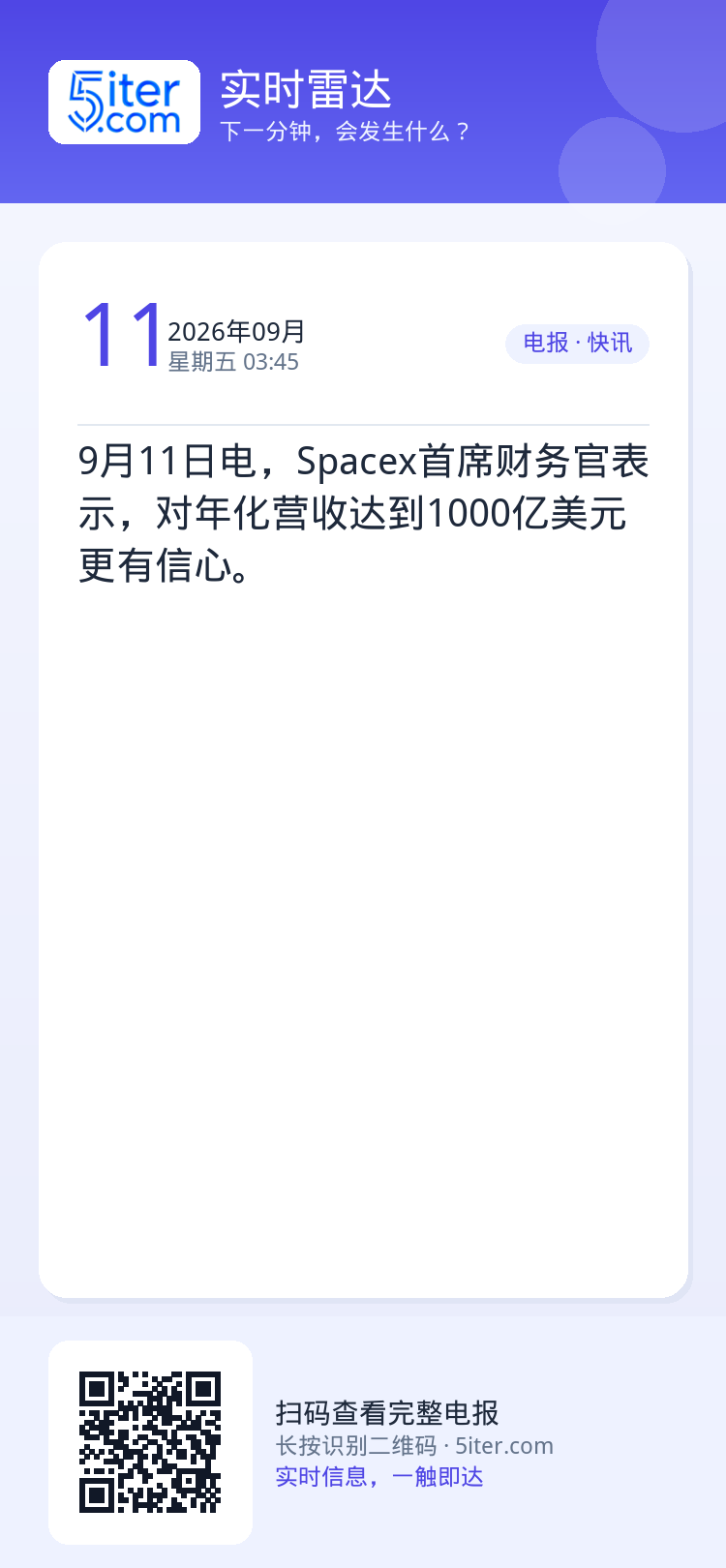 9月11日电，Spacex首席财务官表示，对年化营收达到1000亿美元更有信心。