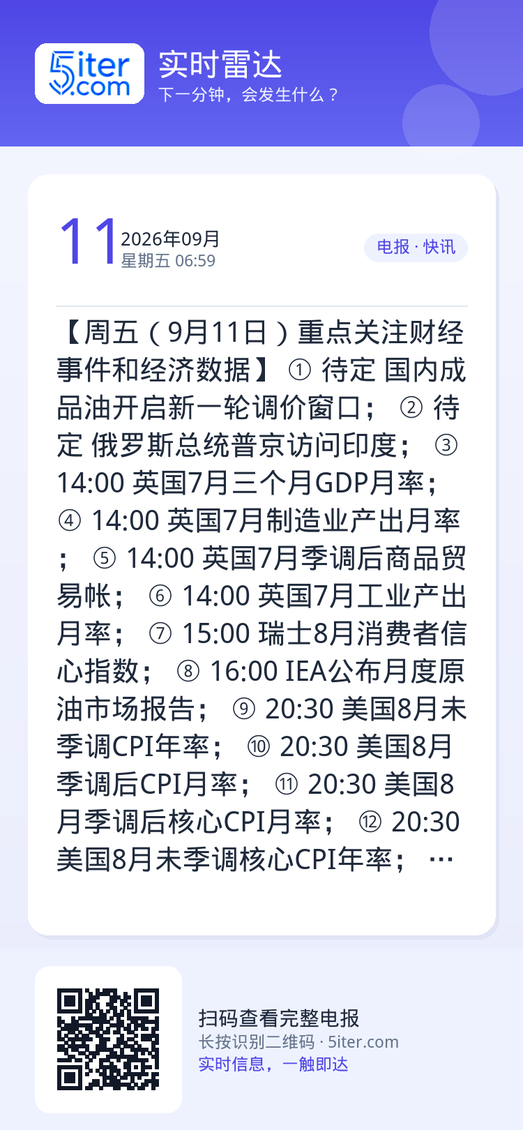【周五（9月11日）重点关注财经事件和经济数据】
① 待定 国内成品油开启新一轮调价窗口；
② 待定 俄罗斯总统普京访问