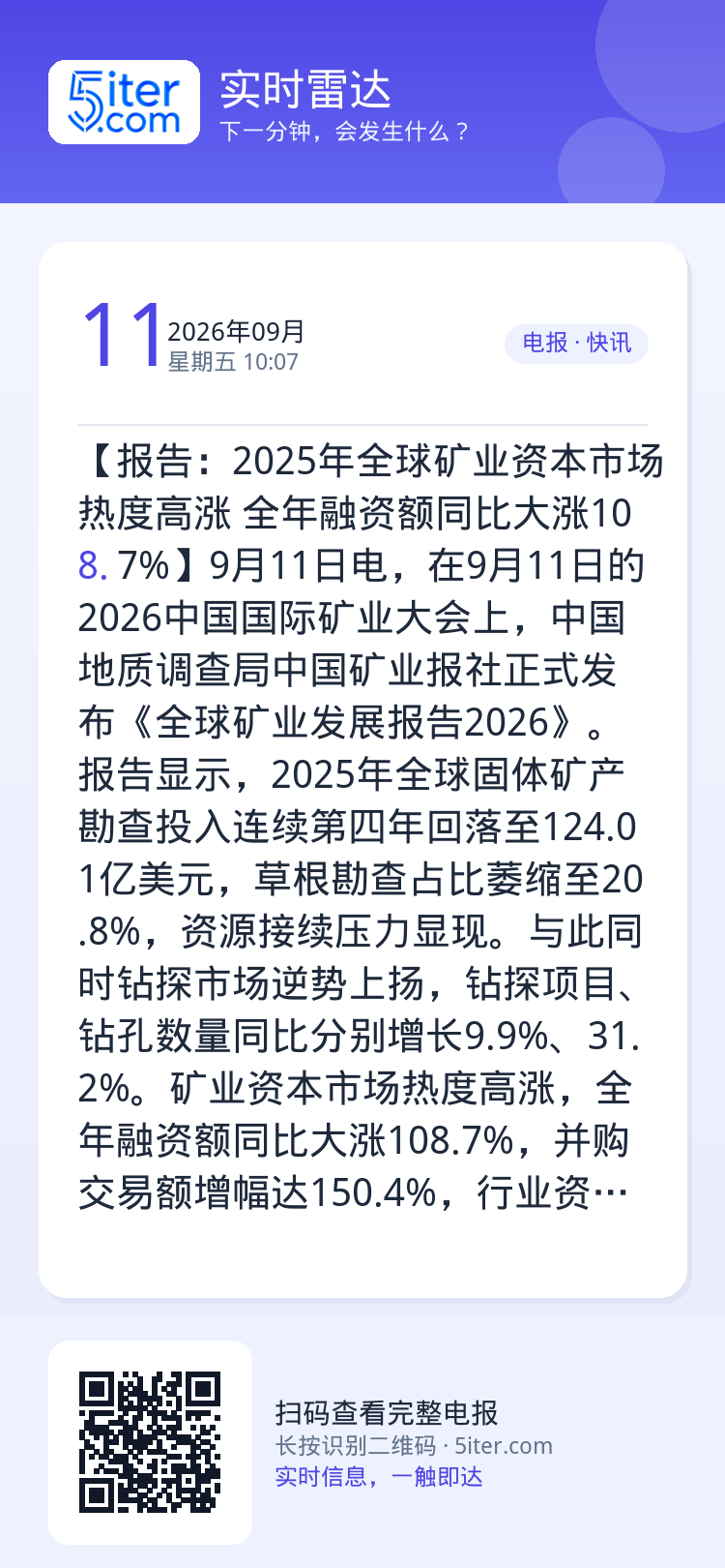 【报告：2025年全球矿业资本市场热度高涨 全年融资额同比大涨108.7%】9月11日电，在9月11日的2026中国国际