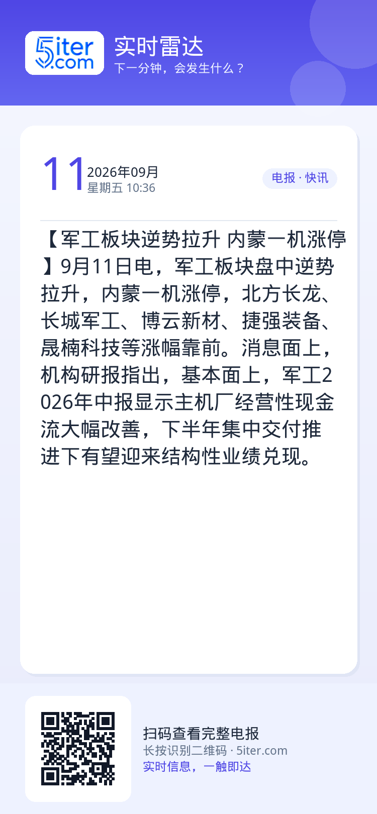 【军工板块逆势拉升 内蒙一机涨停】9月11日电，军工板块盘中逆势拉升，内蒙一机涨停，北方长龙、长城军工、博云新材、捷强装