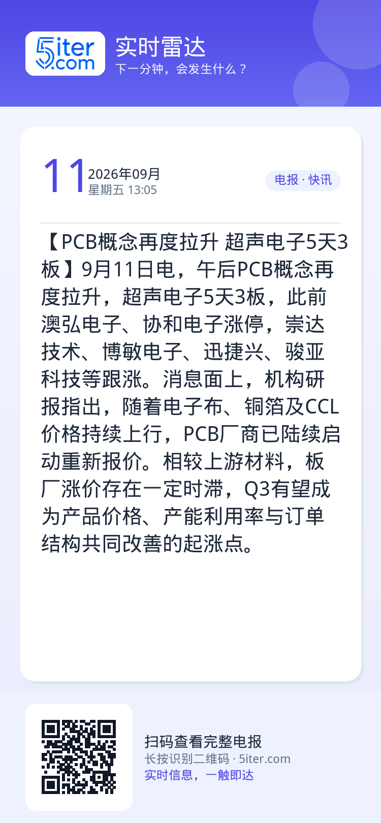 【PCB概念再度拉升 超声电子5天3板】9月11日电，午后PCB概念再度拉升，超声电子5天3板，此前澳弘电子、协和电子涨