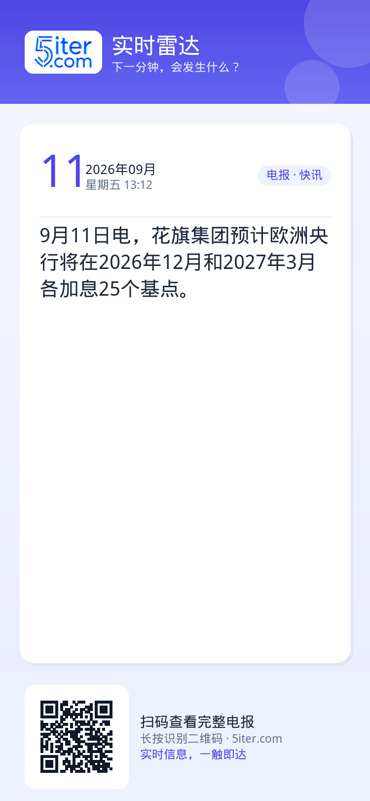9月11日电，花旗集团预计欧洲央行将在2026年12月和2027年3月各加息25个基点。
