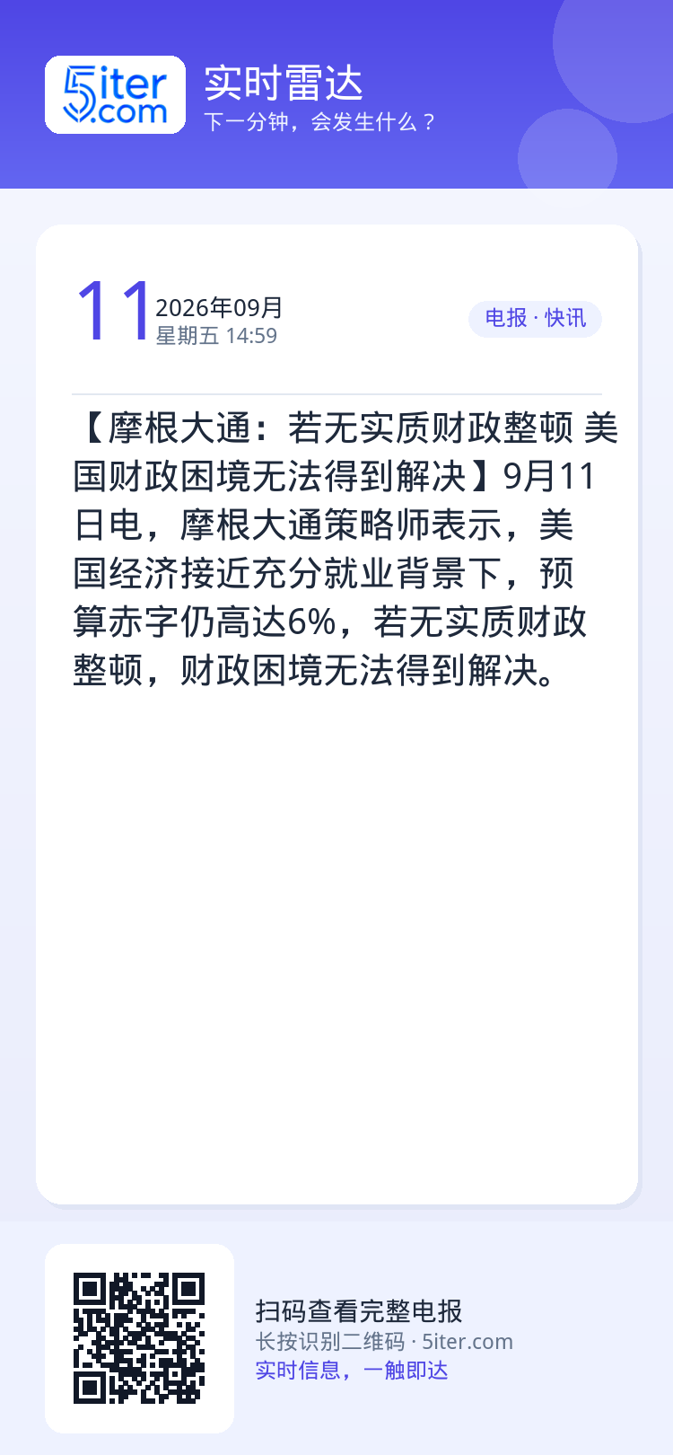 【摩根大通：若无实质财政整顿 美国财政困境无法得到解决】9月11日电，摩根大通策略师表示，美国经济接近充分就业背景下，预
