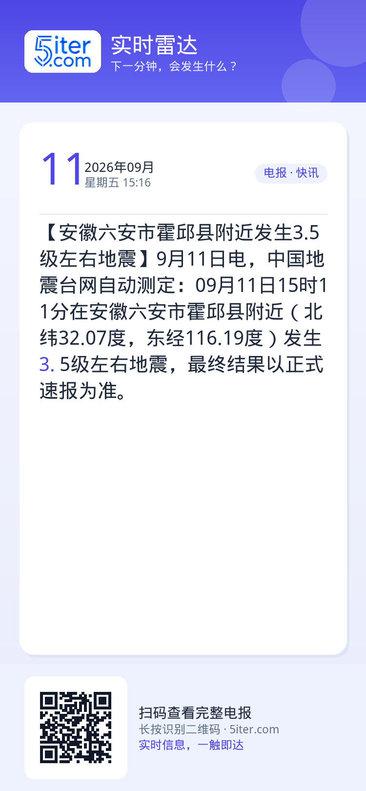 【安徽六安市霍邱县附近发生3.5级左右地震】9月11日电，中国地震台网自动测定：09月11日15时11分在安徽六安市霍邱