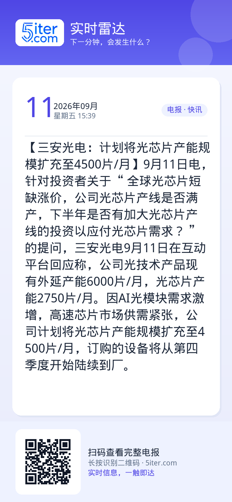 【三安光电：计划将光芯片产能规模扩充至4500片/月】9月11日电，针对投资者关于“ 全球光芯片短缺涨价，公司光芯片产线