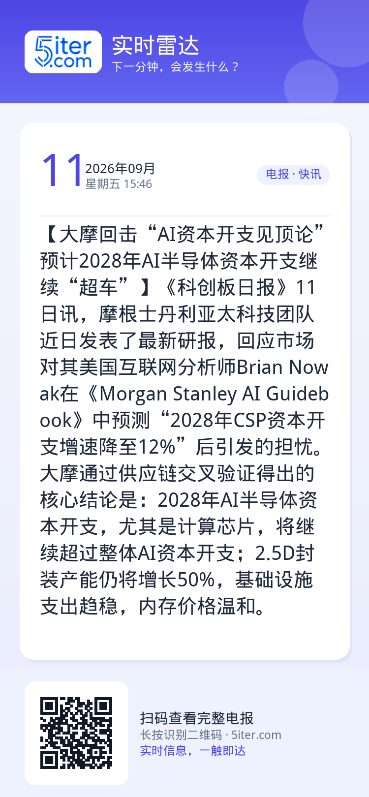 【大摩回击“AI资本开支见顶论” 预计2028年AI半导体资本开支继续“超车”】《科创板日报》11日讯，摩根士丹利亚太科