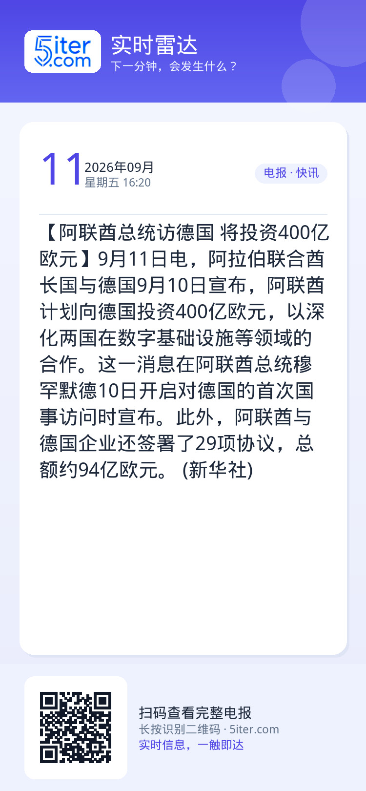 【阿联酋总统访德国 将投资400亿欧元】9月11日电，阿拉伯联合酋长国与德国9月10日宣布，阿联酋计划向德国投资400亿