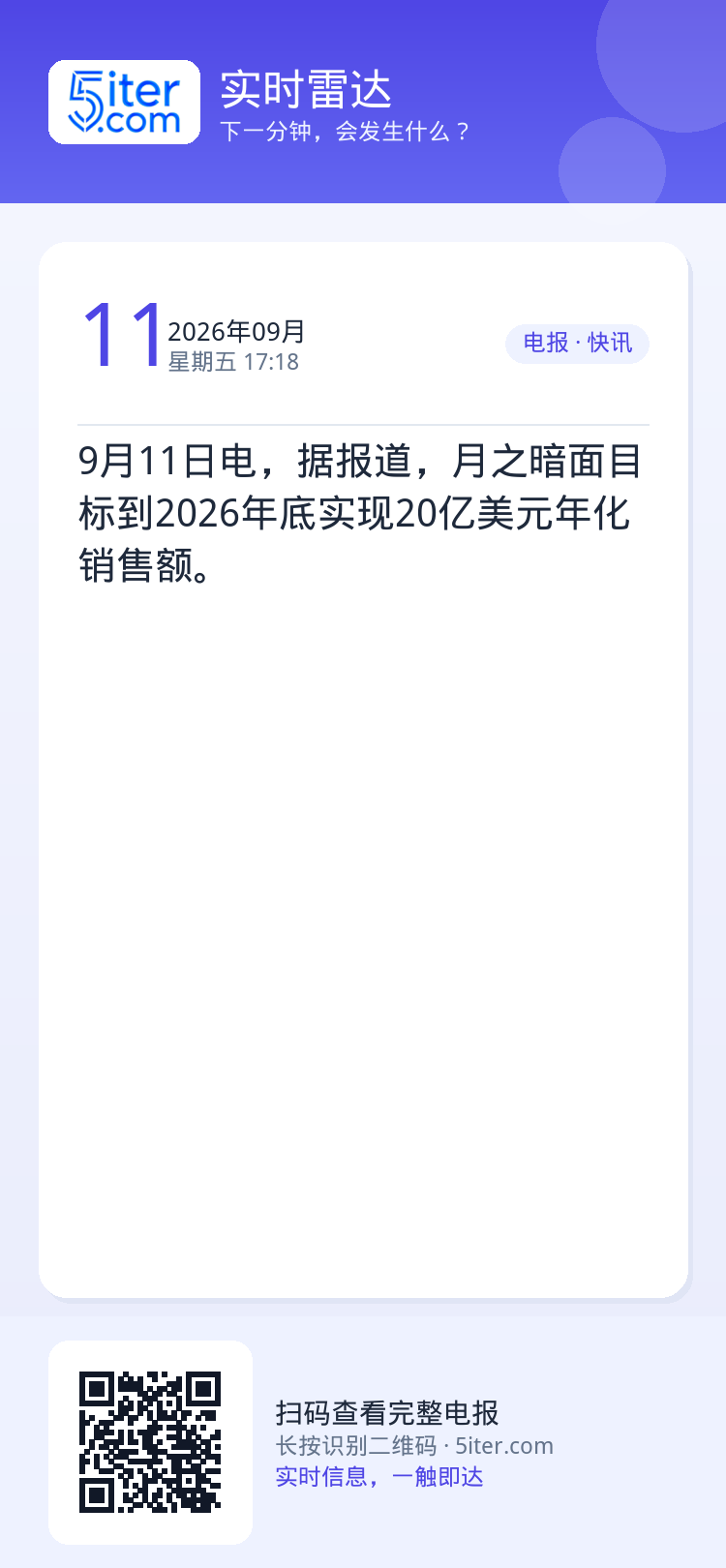 9月11日电，据报道，月之暗面目标到2026年底实现20亿美元年化销售额。