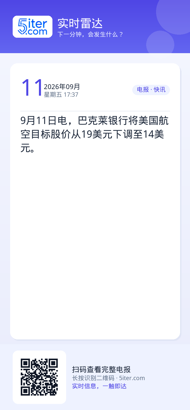 9月11日电，巴克莱银行将美国航空目标股价从19美元下调至14美元。