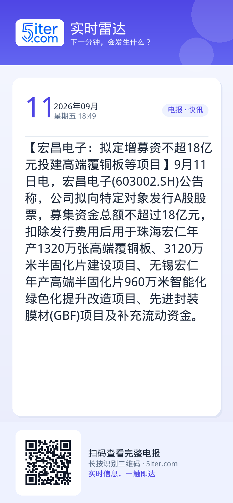 【宏昌电子：拟定增募资不超18亿元投建高端覆铜板等项目】9月11日电，宏昌电子(603002.SH)公告称，公司拟向特定