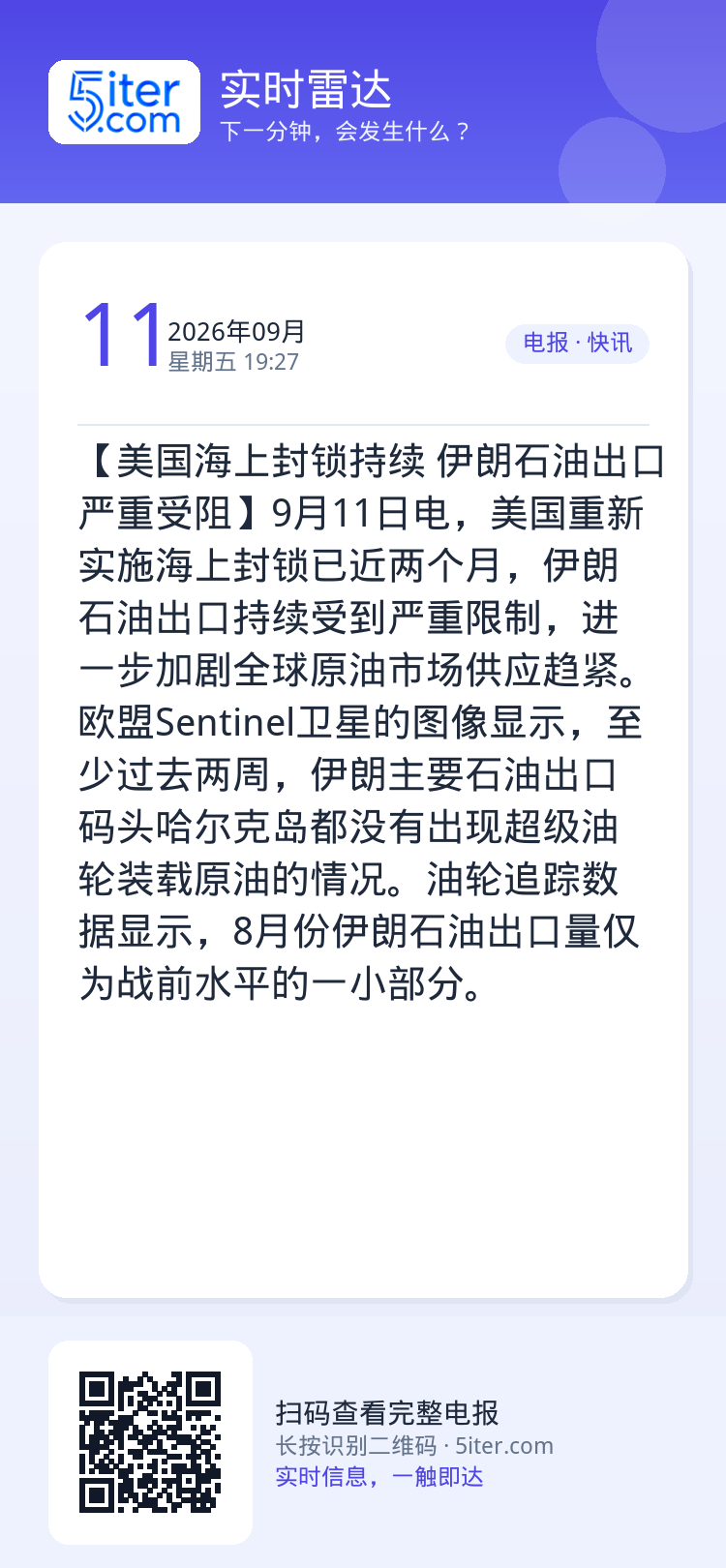 【美国海上封锁持续 伊朗石油出口严重受阻】9月11日电，美国重新实施海上封锁已近两个月，伊朗石油出口持续受到严重限制，进