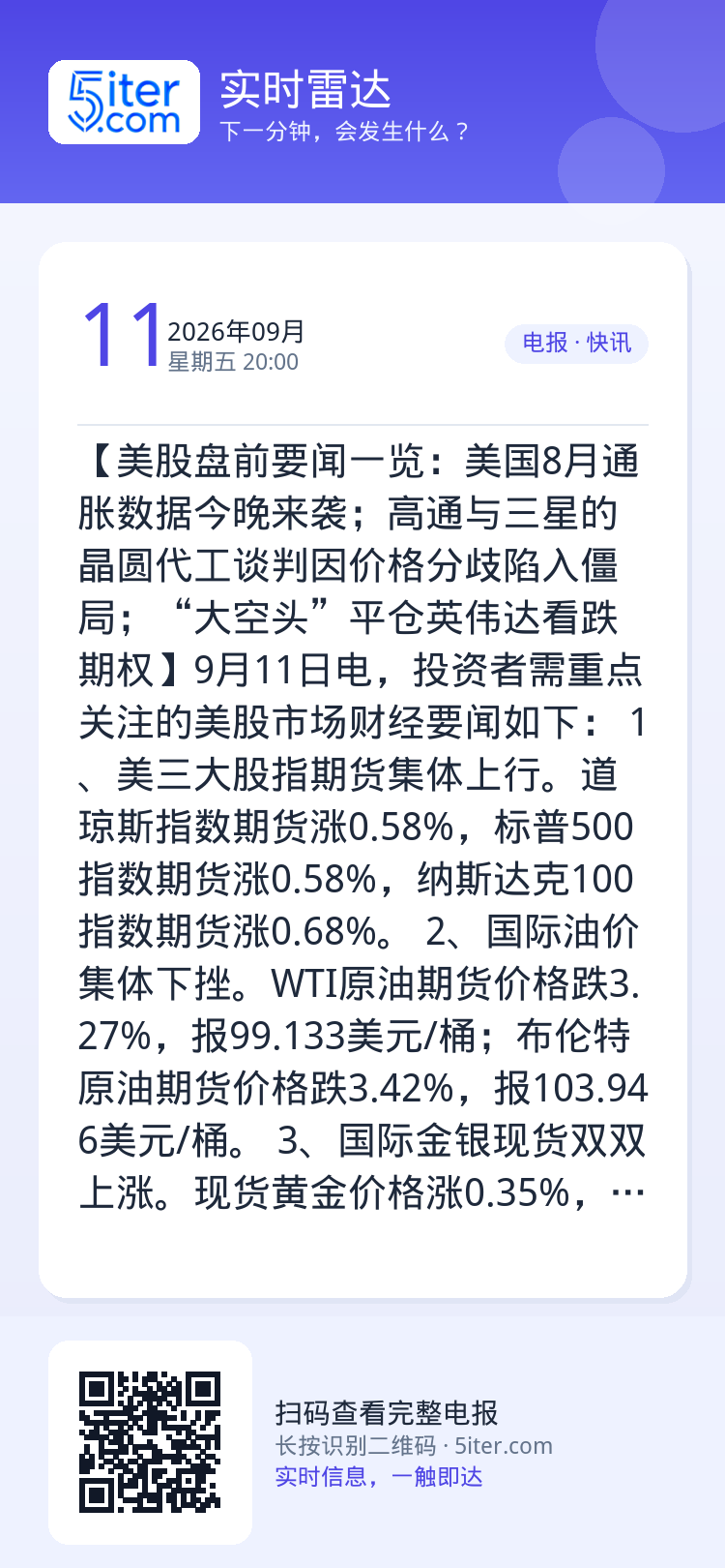 【美股盘前要闻一览：美国8月通胀数据今晚来袭；高通与三星的晶圆代工谈判因价格分歧陷入僵局；“大空头”平仓英伟达看跌期权】