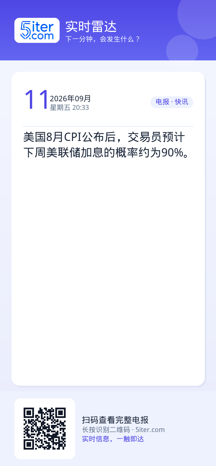 美国8月CPI公布后，交易员预计下周美联储加息的概率约为90%。