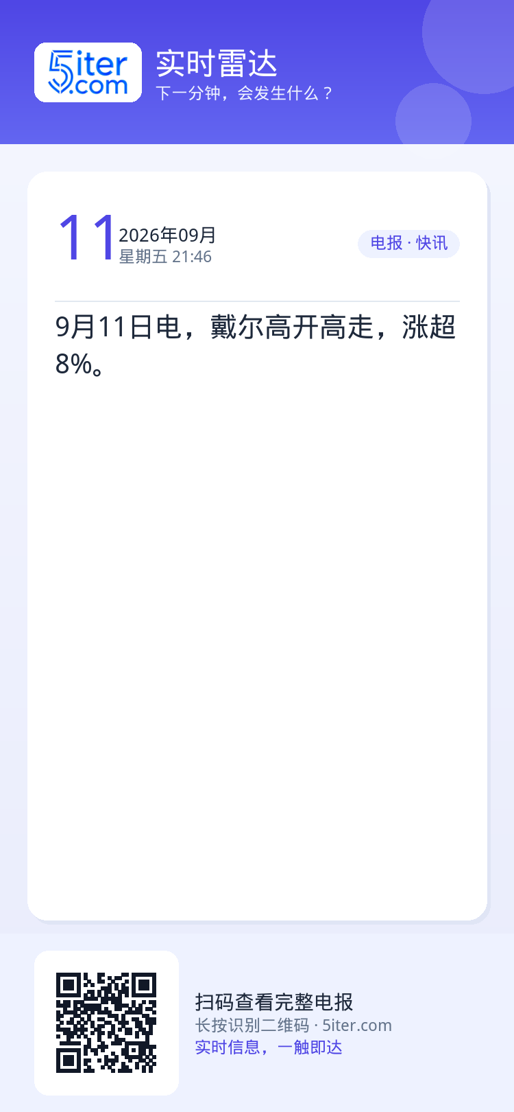 9月11日电，戴尔高开高走，涨超8%。