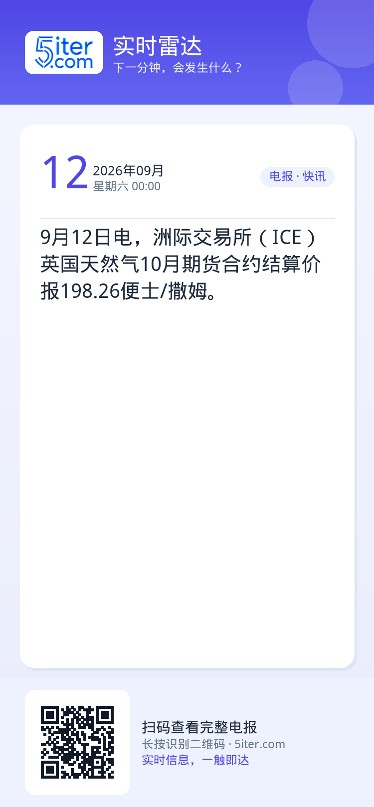9月12日电，洲际交易所（ICE）英国天然气10月期货合约结算价报198.26便士/撒姆。
