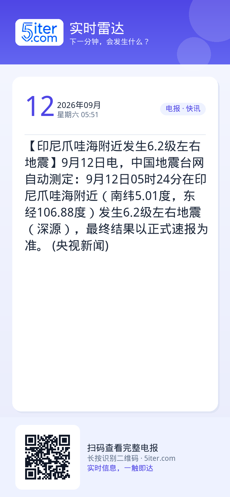 【印尼爪哇海附近发生6.2级左右地震】9月12日电，中国地震台网自动测定：9月12日05时24分在印尼爪哇海附近（南纬5