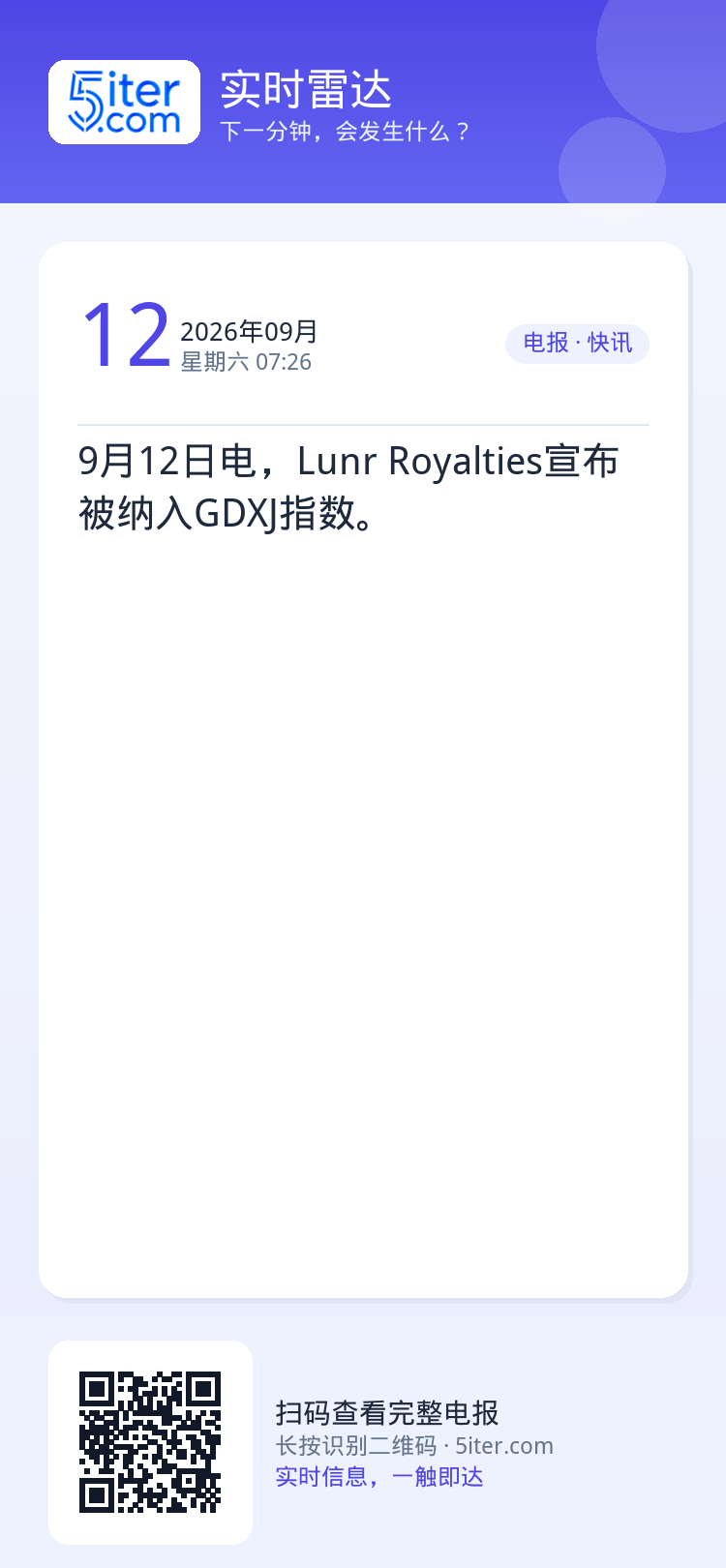 9月12日电，Lunr Royalties宣布被纳入GDXJ指数。