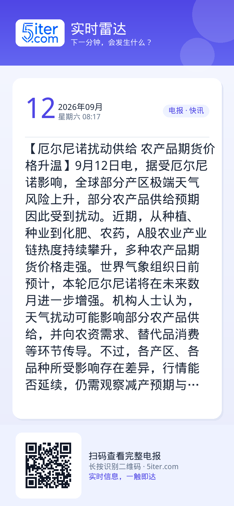 【厄尔尼诺扰动供给 农产品期货价格升温】9月12日电，据受厄尔尼诺影响，全球部分产区极端天气风险上升，部分农产品供给预期