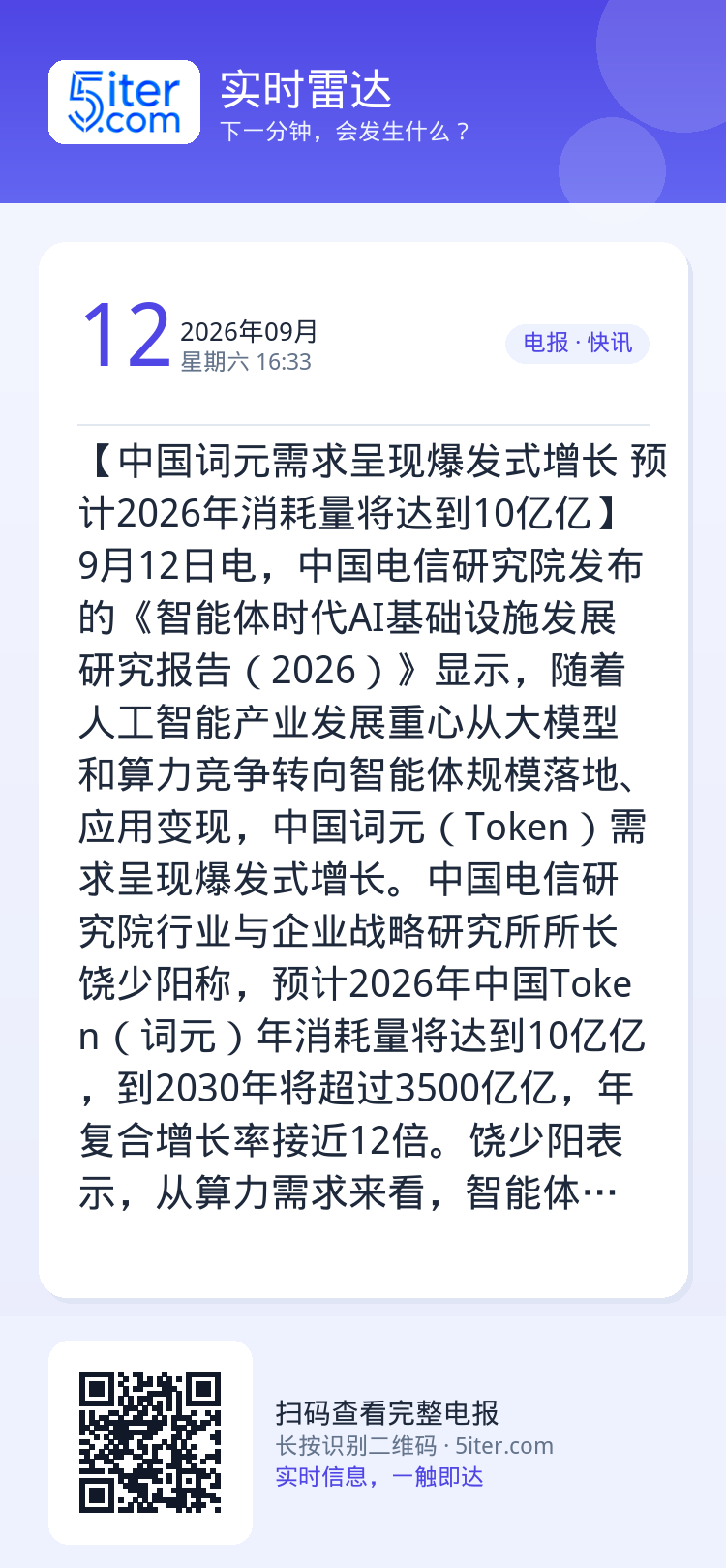 【中国词元需求呈现爆发式增长 预计2026年消耗量将达到10亿亿】9月12日电，中国电信研究院发布的《智能体时代AI基础
