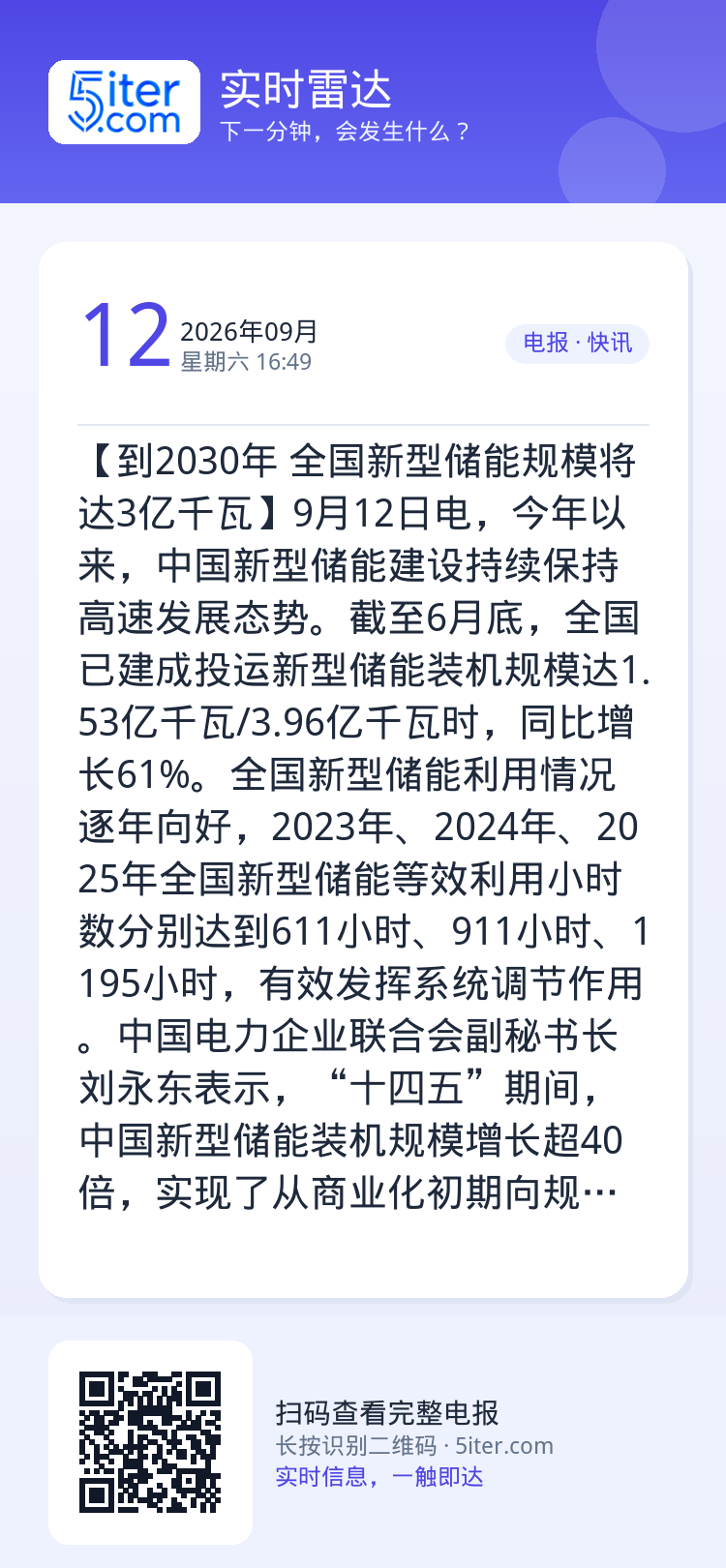 【到2030年 全国新型储能规模将达3亿千瓦】9月12日电，今年以来，中国新型储能建设持续保持高速发展态势。截至6月底，