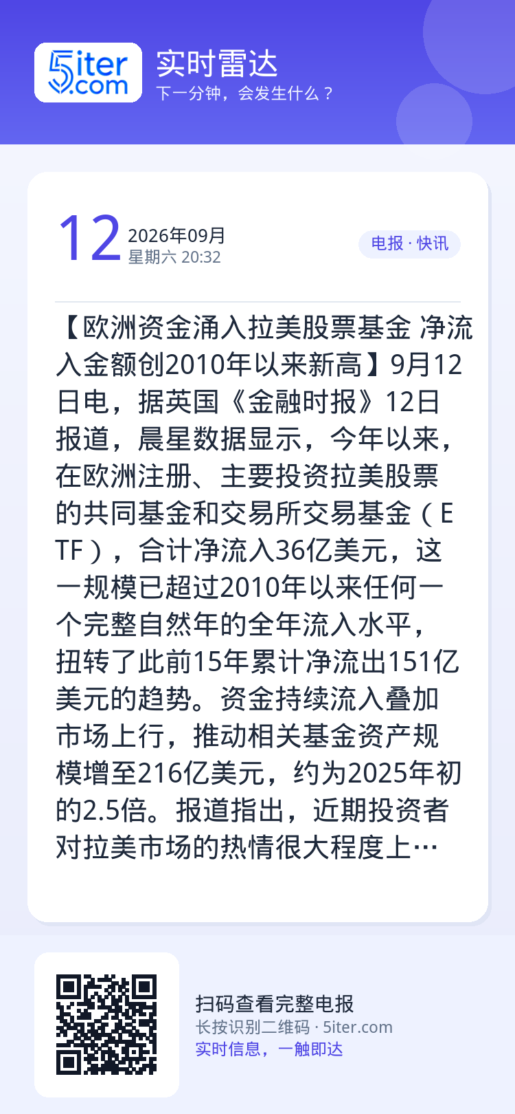 【欧洲资金涌入拉美股票基金 净流入金额创2010年以来新高】9月12日电，据英国《金融时报》12日报道，晨星数据显示，今