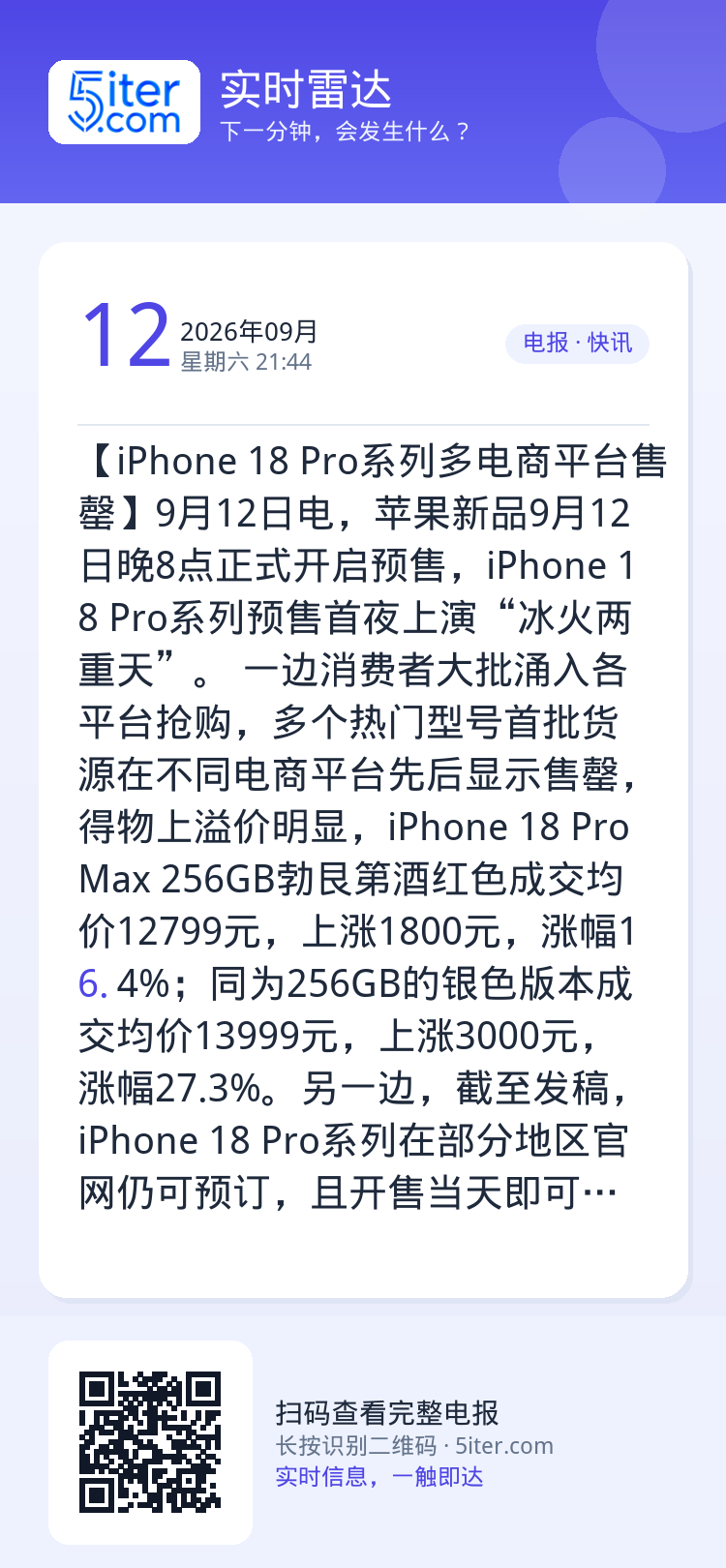 【iPhone 18 Pro系列多电商平台售罄】9月12日电，苹果新品9月12日晚8点正式开启预售，iPhone 18 