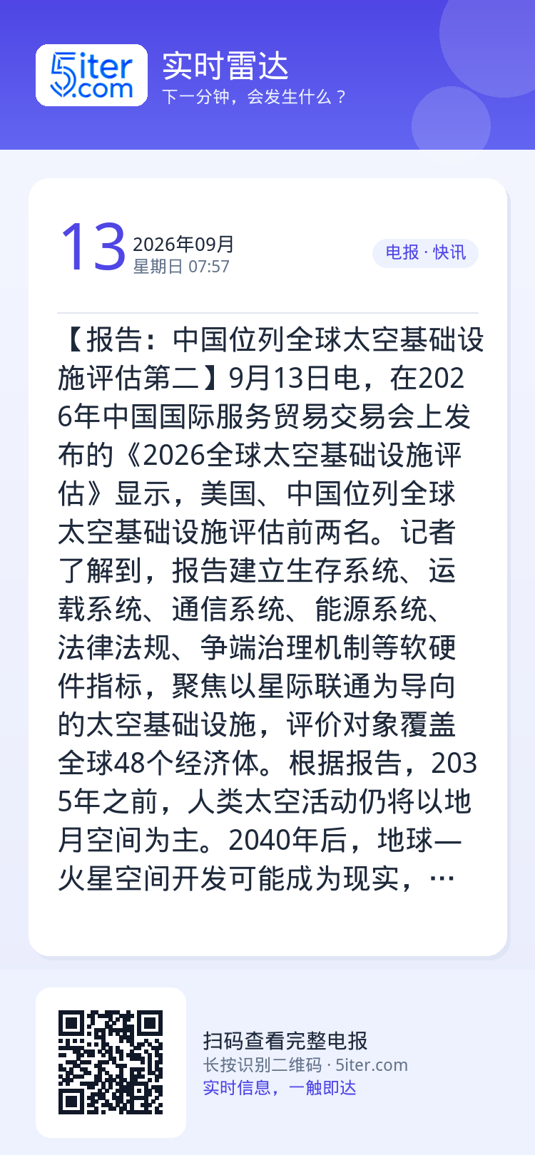【报告：中国位列全球太空基础设施评估第二】9月13日电，在2026年中国国际服务贸易交易会上发布的《2026全球太空基础